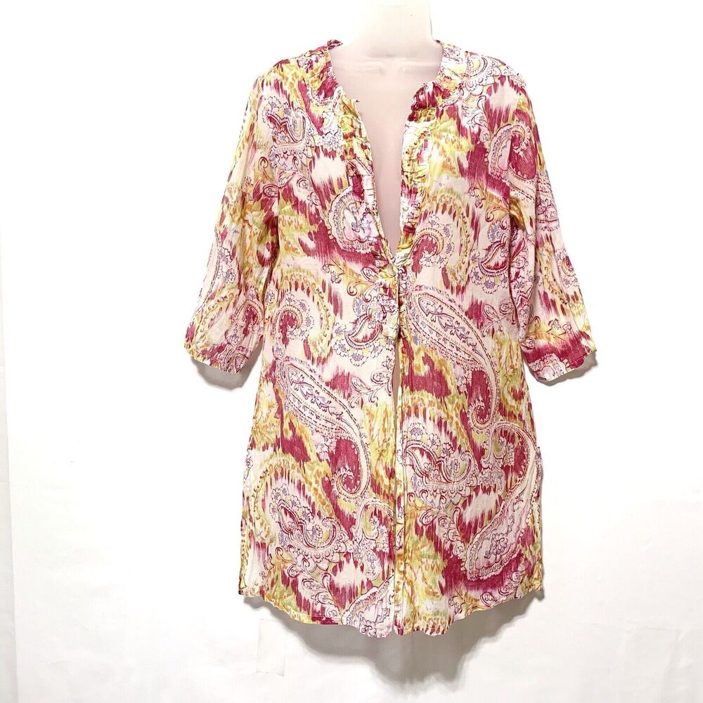 Athleta Women M Cotton Silk Tunic Cover Up 3/4 Sleeve Sheer Paisley Boho